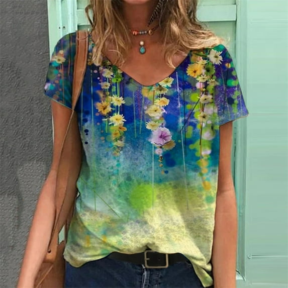 QLEICOM Trendy Floral T-Shirt, Women's Summer Short Sleeve Tunic Tops, Plus Size V Neck Graphic Tees Shirt, Casual Comfy Blouses T-Shirts Pullover Tees S-5XL, Gifts for Mom