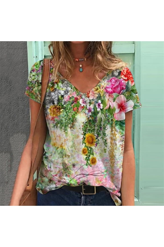 Trendy Floral T-Shirt, Women's Summer Short Sleeve Tunic Tops, Plus Size V Neck Graphic Tees Shirt, Casual Comfy Blouses T-Shirts Pullover Tees S-5XL, Gifts for Mom