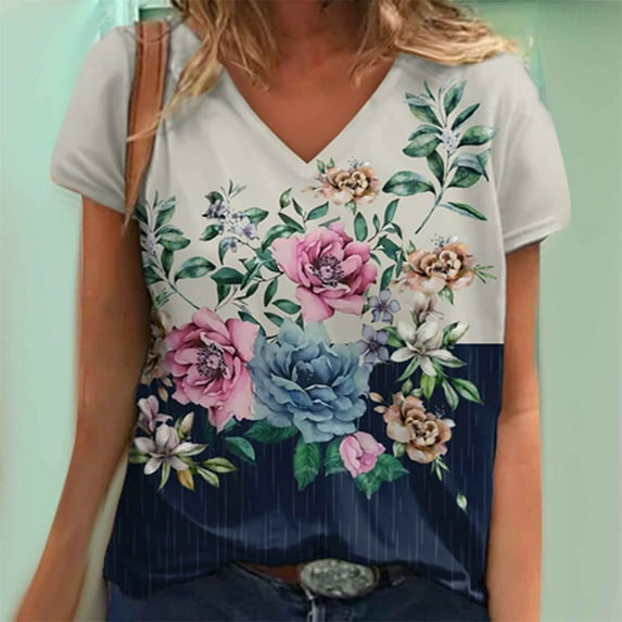 QLEICOM Trendy Floral T-Shirt, Women's Summer Short Sleeve Tunic Tops, Plus Size V Neck Graphic Tees Shirt, Casual Comfy Blouses T-Shirts Pullover Tees S-2XL, Gifts for Mom