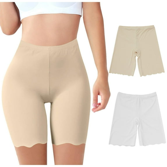QLEICOM Underwear Women Pack,Panties for Women,Plus Size Ice Silk Seamless Shorts Solid Color Three-quarter or Mid Length Invisible Bike Shorts for Women Under Dress or Pants Beige
