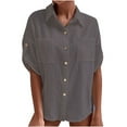thumbnail image 1 of QLEICOM White V Neck Shirts for Women, Summer Button Down Shirt, Solid Color Lapel Short Sleeve Blouse, Casual Office Bussiness Shirts Plain Blouses Tops Gray L, 1 of 4