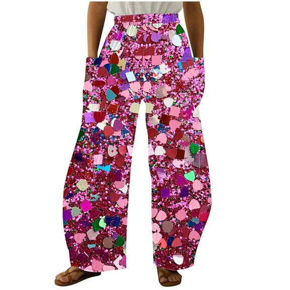 QLEICOM Wide Leg Pants Woman,Flowy Pants for Women,Womens Flare Pants with Glitter Print and Straight Wide Leg Featuring Pockets for Fashion Look