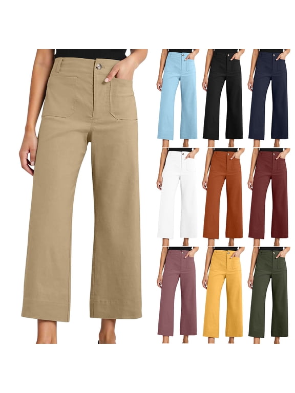 Wide Leg Pants Woman,Pants for Women,Women Solid Color Wide Leg Cropped Pants with Functional Side Pockets and Tapered Waist for Flattering Fits Ankle Length Trousers Modern Casual Style
