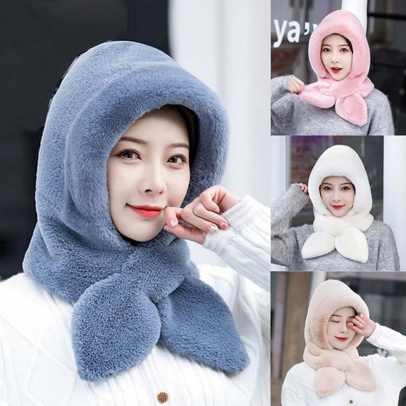 QLEICOM Winter Hats for Women,Womens Hats,Women All-in-One Hat and Scarf In Solid Color with Plush Lining for Unified Head and Neck Cold Weather Protection Gray