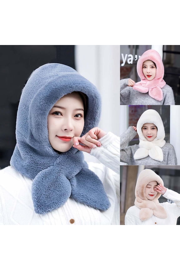 Winter Hats for Women,Womens Hats,Women All-in-One Hat and Scarf In Solid Color with Plush Lining for Unified Head and Neck Cold Weather Protection Gray