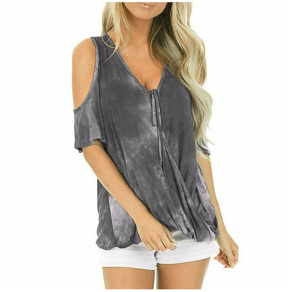 QLEICOM Women 2023 Summer Tops T-shirt Casual Short Sleeve Lace Up V-Neck Loose Print Tie Dyed Tops Gray S, US Size 4