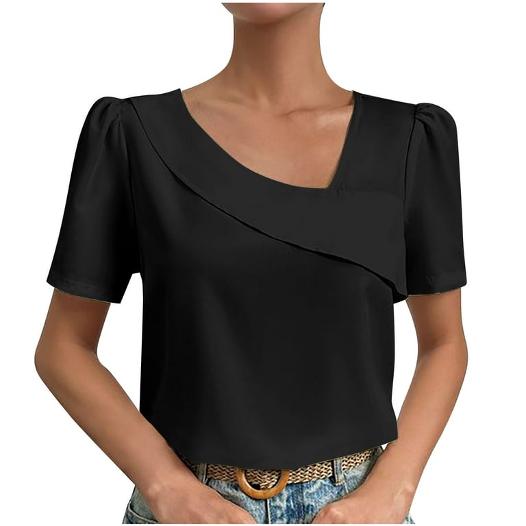 QLEICOM Women 2023 Summer Tops T-shirt Casual Solid V-Neck Short Sleeve  Loose T-Shirt Pullover Tops Black XXL, US Size 12