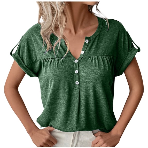 QLEICOM Women 2023 Summer Tops T-shirt Colored Cotton Solid V-Neck Short Sleeve T-shirt Top Green XL, US Size 10