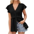 thumbnail image 1 of QLEICOM Women 2023 Summer Tops T-shirt Hollowed Out Tucked Waist Edge Peplum Sleeve Shirt Top Short Sleeve Short Sleeve V-neck Tops Black S, US Size 4, 1 of 5