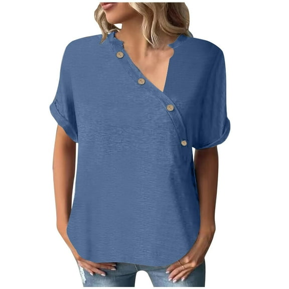 QLEICOM Women 2023 Summer Tops T-shirt Loose Casual Solid Button Short Sleeve V-Neck Top Shirts Blue L, US Size 8