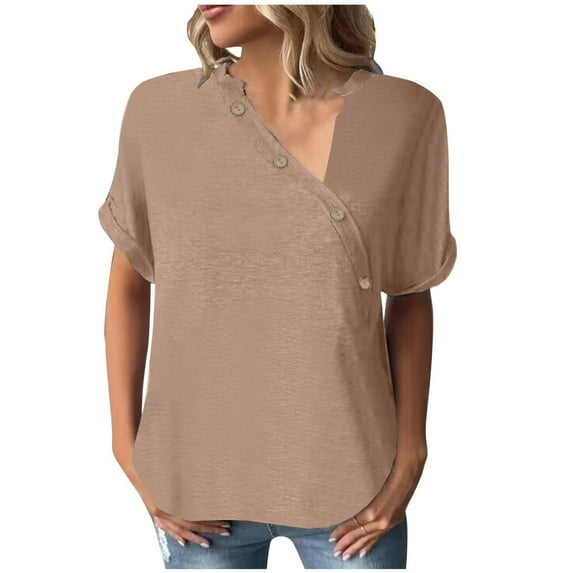 QLEICOM Women 2023 Summer Tops T-shirt Loose Casual Solid Button Short Sleeve V-Neck Top Shirts Khaki S, US Size 4