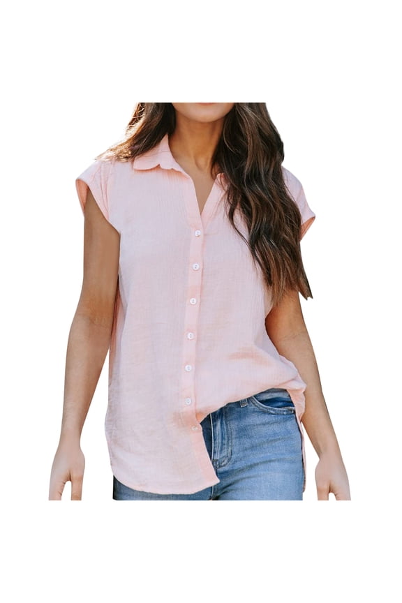 Women 2023 Summer V Neck Ruffle Short Sleeve Blouse Flowy Shirt Tunic Top Button Solid Color Turndown Collar T-Shirt Tops Light Pink M, US Size 6