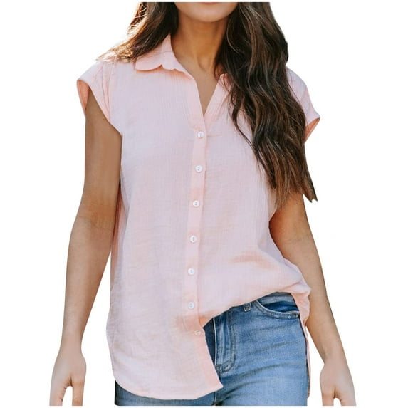 QLEICOM Women 2023 Summer V Neck Ruffle Short Sleeve Blouse Flowy Shirt Tunic Top Button Solid Color Turndown Collar T-Shirt Tops Light Pink XXL, US Size 12
