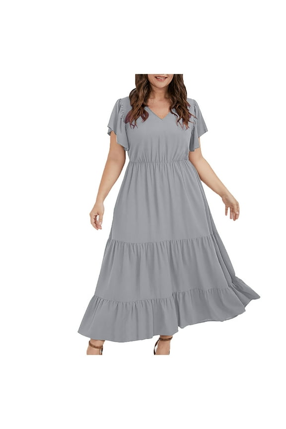Women Casual Loose Bohemian Dress Plus Size Short Sleeve V Neck Ruffle Tiered Maxi Dress Summer Beach Swing Dress with Pocket Gray XXL, US Size: 18