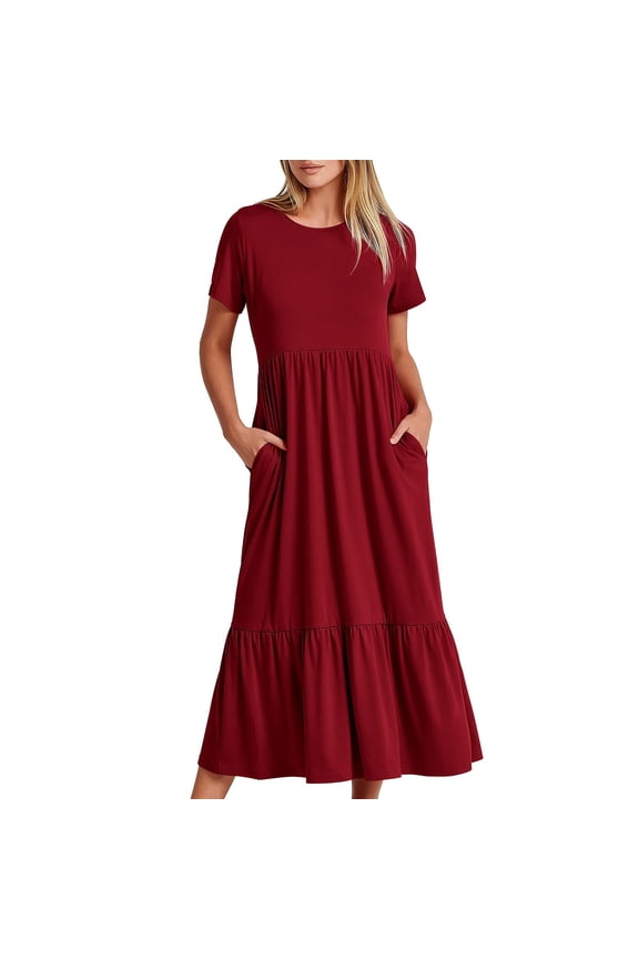 Women Casual Loose Bohemian Dress with Pockets Short Sleeve Long Maxi Dress Summer Flowy Tiered Beach Swing Dress Wine XXL, US Size: 12