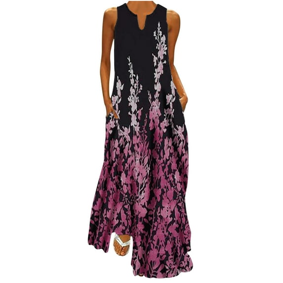 QLEICOM Women Casual Loose Bohemian Floral Dress with Pockets Sleeveless V Neck Long Maxi Dress Beach Swing Dress Tank Dress Colorful Sundresses Black S, US Size: 4