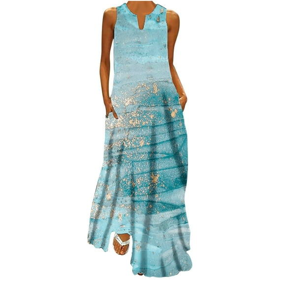 QLEICOM Women Casual Loose Bohemian Floral Dress with Pockets Sleeveless V Neck Long Maxi Dress Beach Swing Dress Tank Dress Colorful Sundresses Blue XXL, US Size: 12