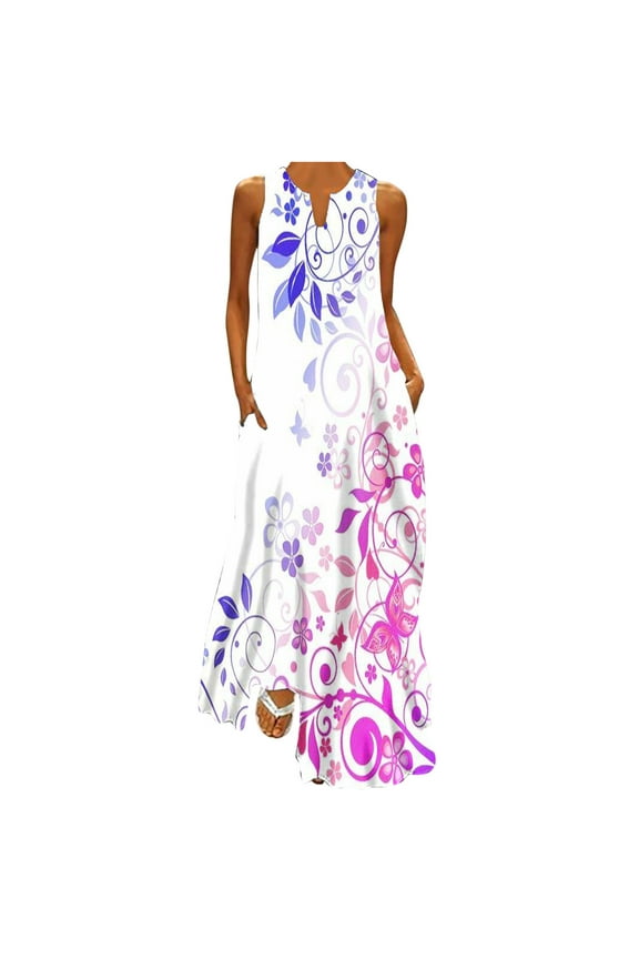 Women Casual Loose Bohemian Floral Dress with Pockets Sleeveless V Neck Long Maxi Dress Beach Swing Dress Tank Dress Colorful Sundresses Purple XL, US Size: 10