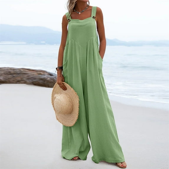 QLEICOM Women Casual Loose Long Boho Bib Pants Plus Size Spaghetti Strap Wide Leg Long Pant Cold Shoulder Solid Color Button Suspender Jumpsuits Baggy Cotton Rompers Overalls with Pockets Mint Green L