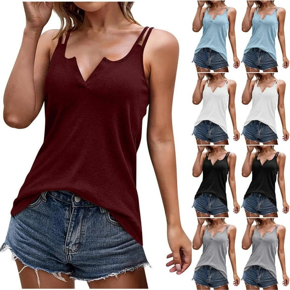 QLEICOM Women Casual Sleeveless V-Neck Loose Solid Pullover Blouse Tank Blouses Shirts Tops Wine M, US Size 6