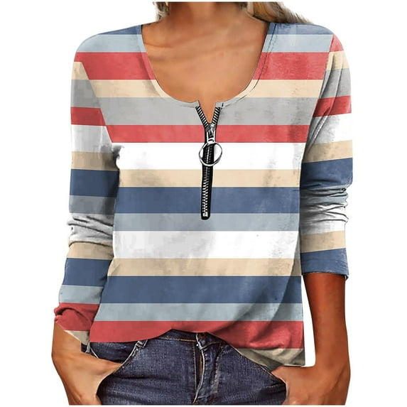 QLEICOM Women Casual Zipper T-shirt Stripe Long Sleeve V-Neck Tops Loose Blouses Shirts Tops Blue L, US Size 8