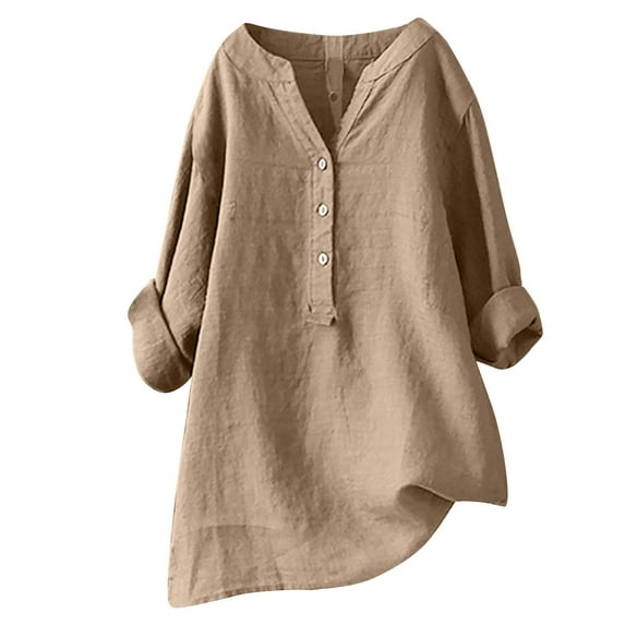 QLEICOM Women Fashion Deep V-Neck Short Sleeve Button Cotton Linen Tops Summer 3/4 Roll Sleeve Solid Loose Basic T Shirt Blouse Khaki 5XL, US Size:18