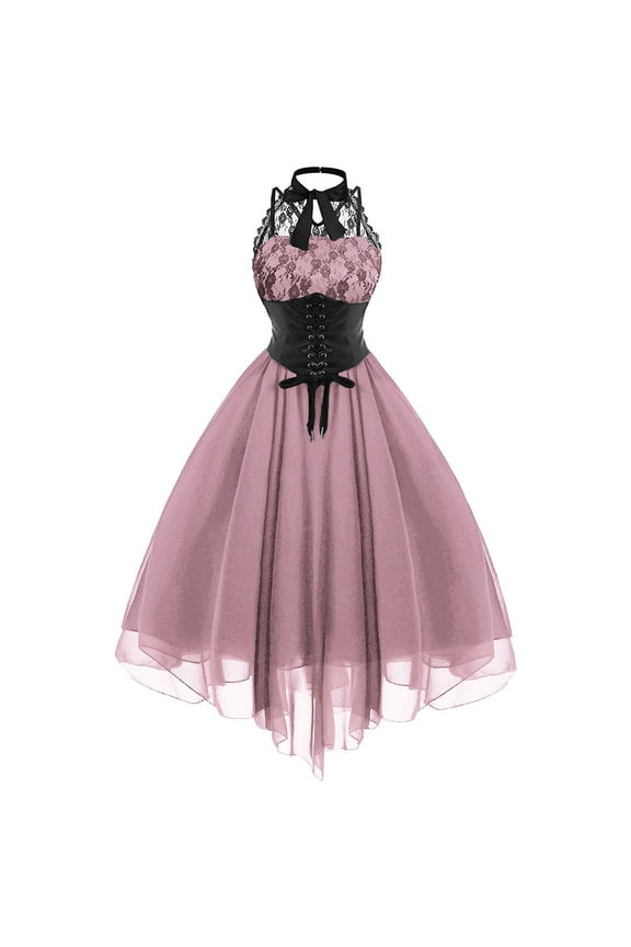Women Gothic Dress, Sleeveless Halter Neck Vintage Goth Dresses with Peasant Bodice, Formal Halloween Punk Hippie Dresses, Black Lace Draped Irregular Swing Cocktail Dress Pink XXL