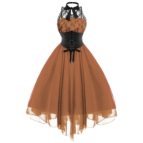 QLEICOM Women Gothic Dress, Sleeveless Halter Neck Vintage Goth Dresses with Peasant Bodice, Formal Halloween Punk Hippie Dresses, Black Lace Draped Irregular Swing Cocktail Dress Orange S