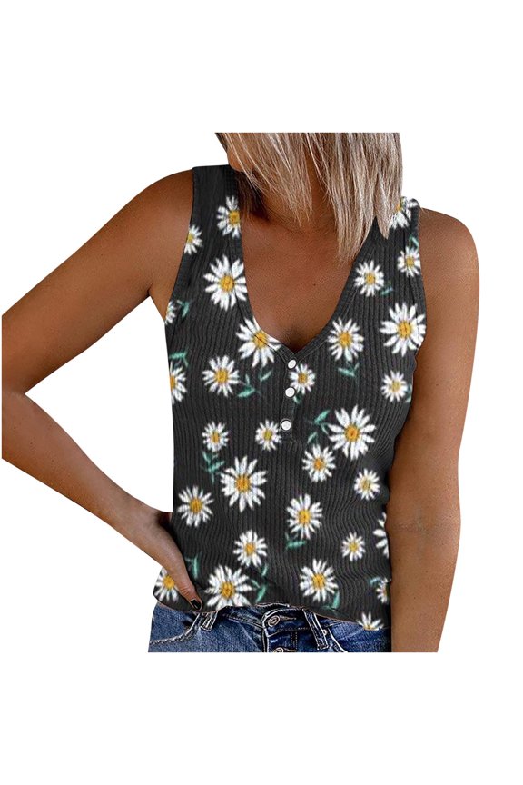 Women Independence Day Print Tank Tops Summer Casual Ribbed Sleeveless Basic Cami Top Slim Henley Button Down T Shirts Blouses O L, US Size 8