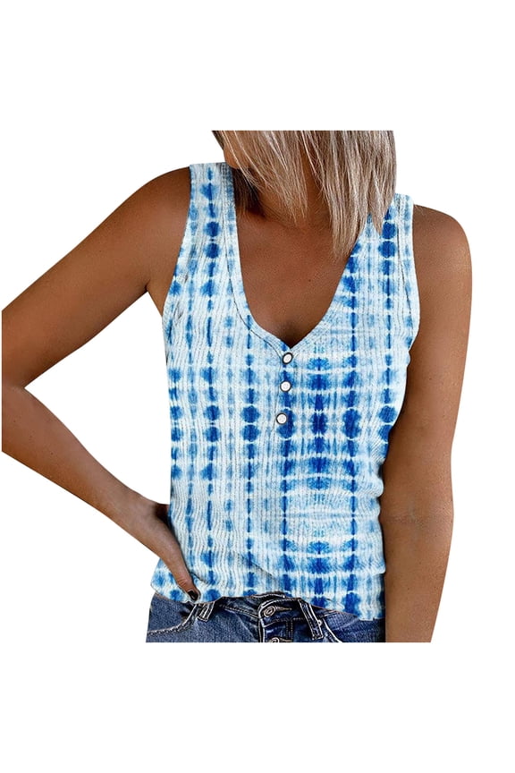 Women Independence Day Print Tank Tops Summer Casual Ribbed Sleeveless Basic Cami Top Slim Henley Button Down T Shirts Blouses R M, US Size 6