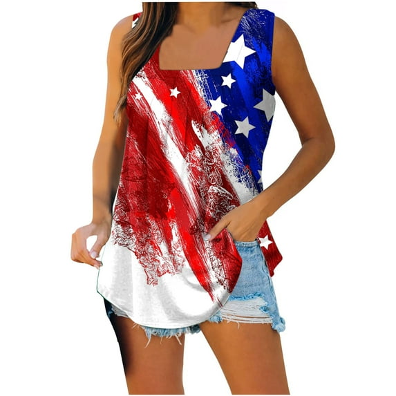 QLEICOM Women Independence Day Print Tank Tops Summer Casual Sleeveless Basic Cami Top Slim T Shirts Vest Shirts F M, US Size 6