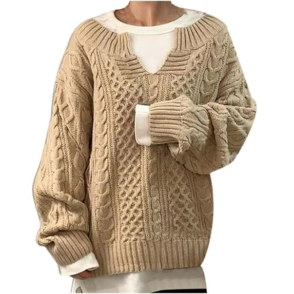 QLEICOM Women Long Sleeve Solid Crewneck Tops Casual Loose Knitted Sweaters Blouses Shirts Tops Beige XL, US Size 10