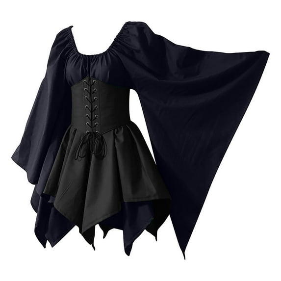 QLEICOM Women Medieval Renaissance Costume Dress, Vintage Cosplay Victorian Gothic Corset Dress, Gothic Vintage Court Banquet Dress, Bell Sleeves Mini Bodycon Dress with Peasant Bodice Dark Blue XL