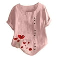 thumbnail image 1 of QLEICOM Women Plus Size Cotton Linen T-shirt Oversized Crew Neck Short Sleeve Loose Button Tops Blouses Print Tees Pink M, US Size:6, 1 of 4