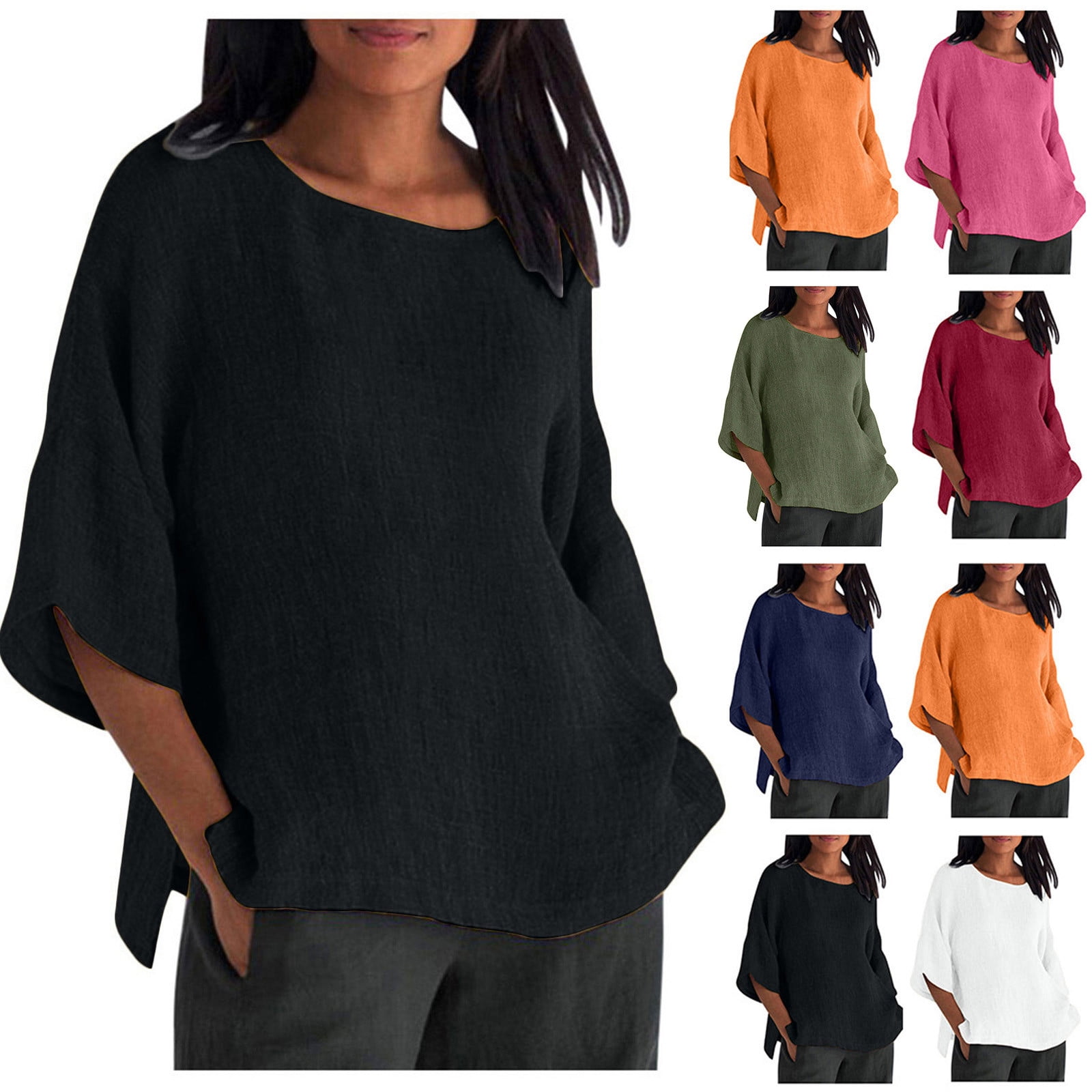 Women Plus Size Cotton Linen Tops, Women Summer Solid Casual Loose Basic Tops, Fashion