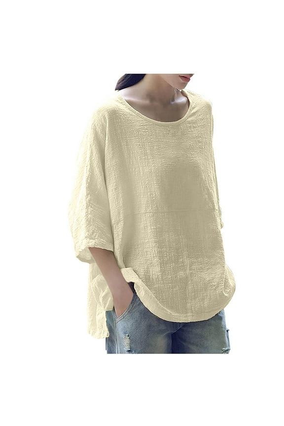 Women Plus Size Cotton Linen Tops Summer Solid Loose Basic Tops Oversized 3/4 Sleeves T Shirt Crewneck Tees Tops Blouses Beige M, US Size 6