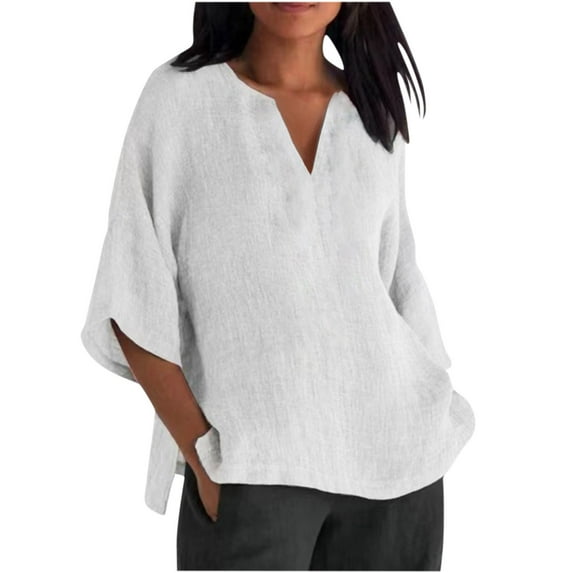 QLEICOM Women Plus Size Cotton Linen Tops Summer Solid Loose Basic Tops Oversized 3/4 Sleeves T Shirt V Neck Tees Tops Blouses White M, US Size 6