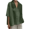 thumbnail image 1 of QLEICOM Women Plus Size Lapel Half Sleeves V-Neck Cotton Linen Tops Casual Loose Solid T-Shirt Green XL, US Size:10, 1 of 6