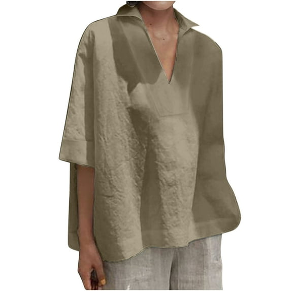 QLEICOM Women Plus Size Lapel Half Sleeves V-Neck Cotton Linen Tops Casual Loose Solid T-Shirt Khaki 5XL, US Size:18