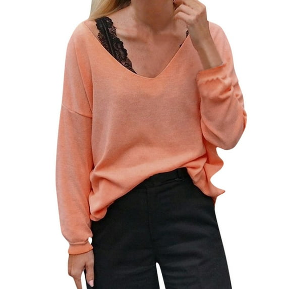 QLEICOM Women Plus Size Long Sleeve V Neck T Shirts Basic Tee Tops Summer Solid Pullover Blouse Tops Orange 4XL, US Size:16
