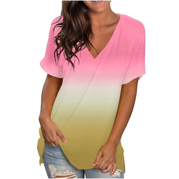QLEICOM Women Plus Size Summer Gradient Short Sleeve T-Shirt Loose Casual V-Neck Shirt Side Split Tunic Top Peach Powder XXL, US Size:12