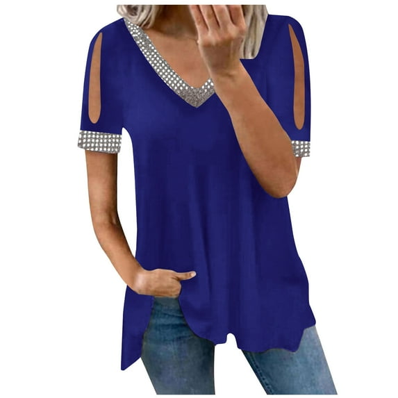 QLEICOM Women Plus Size Summer Hollow Out T-Shirt V-Neck Short Sleeve Strapless Loose Tunic Tops Blouses Tees Shirts Blue L, US Size:8