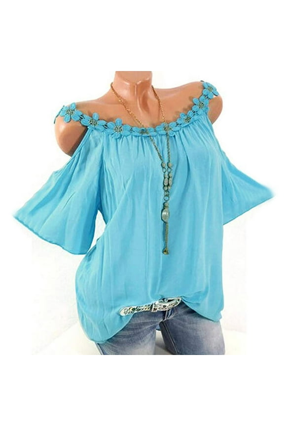 Women Plus Size Summer Hollow Out T-Shirt Lace Splicing Crewneck Short Sleeve Strapless Loose Tunic Tops Blouses Tees Shirts Blue L, US Size:8