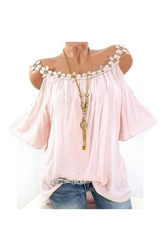 Women Plus Size Summer Hollow Out T-Shirt Lace Splicing Crewneck Short Sleeve Strapless Loose Tunic Tops Blouses Tees Shirts Pink XL, US Size:10