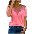 thumbnail image 1 of QLEICOM Women Plus Size Summer Hollow Out T-Shirt Lace Splicing V-Neck Short Sleeve Strapless Loose Tunic Tops Blouses Tees Shirts Hot Pink 4XL, US Size:16, 1 of 7