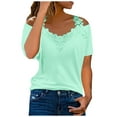 thumbnail image 1 of QLEICOM Women Plus Size Summer Hollow Out T-Shirt Lace Splicing V-Neck Short Sleeve Strapless Loose Tunic Tops Blouses Tees Shirts Mint Green XXL, US Size:12, 1 of 7