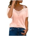 thumbnail image 1 of QLEICOM Women Plus Size Summer Hollow Out T-Shirt Lace Splicing V-Neck Short Sleeve Strapless Loose Tunic Tops Blouses Tees Shirts Pink 3XL, US Size:14, 1 of 7