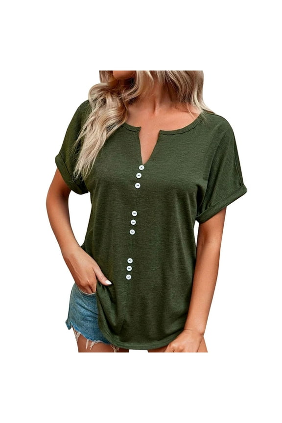 Women Plus Size Summer Pleated Button Short Sleeve T-Shirt Loose Casual V-Neck Solid Color Blouse T-shirt Tops Army Green 3XL, US Size:14
