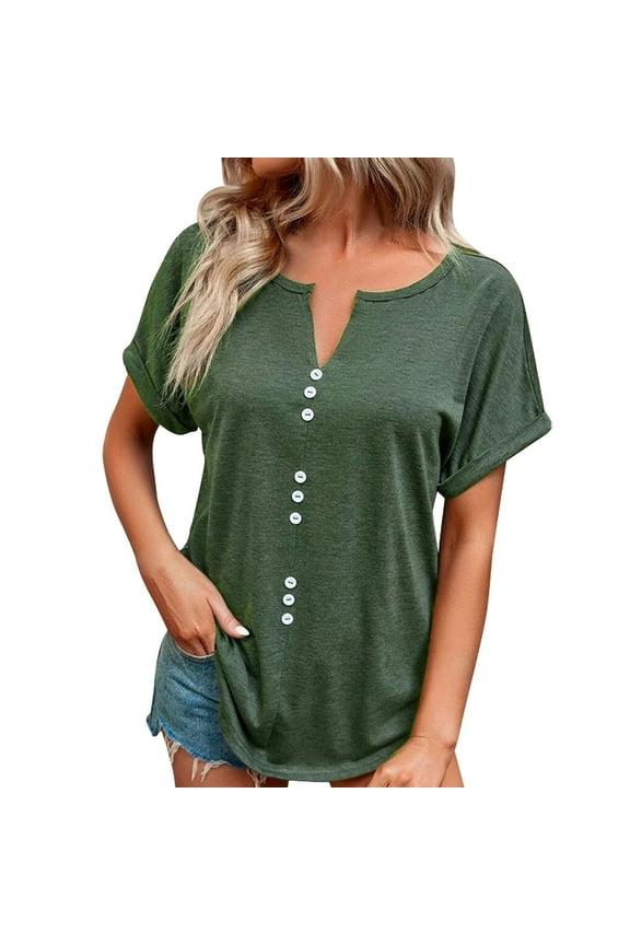 Women Plus Size Summer Pleated Button Short Sleeve T-Shirt Loose Casual V-Neck Solid Color Blouse T-shirt Tops Green 5XL, US Size:18