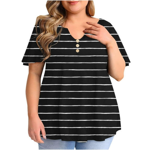 QLEICOM Women Plus Size Summer Pleated Ruffle Short Sleeve T-Shirt Loose Casual V-Neck Gradient Color Blouse T-shirt Tops Black B XXL, US Size:12